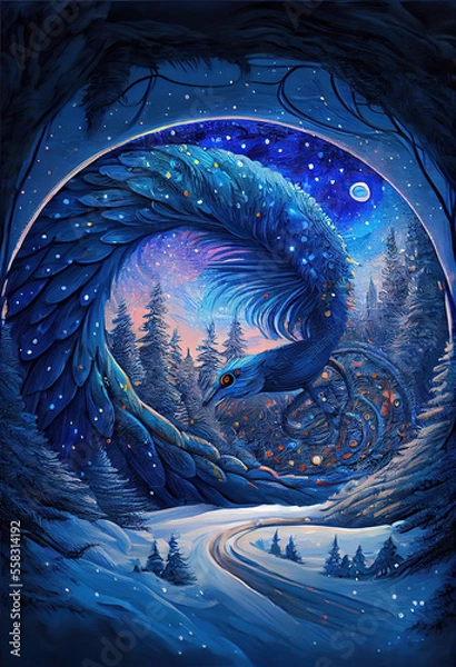 Fototapeta In the snowy forest a peacock  stands on a smooth and transparent stone.Character Design. Concept Art Characters. Book Illustration. Video Game Characters. Serious Digital Painting. CG Artwork.