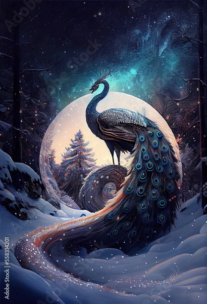 Fototapeta In the snowy forest a peacock  stands on a smooth and transparent stone.Character Design. Concept Art Characters. Book Illustration. Video Game Characters. Serious Digital Painting. CG Artwork.