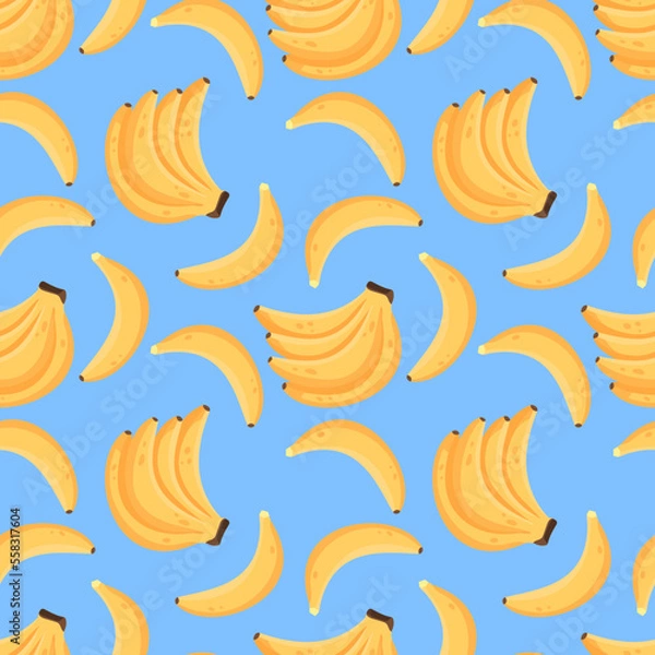 Fototapeta Banana wallpaper, cute doodles pattern. Funky repeat of fruit, fun bright pop tropical summer food. cartoon minimalistic isolated blue background. Decor textile. Vector seamless garish texture
