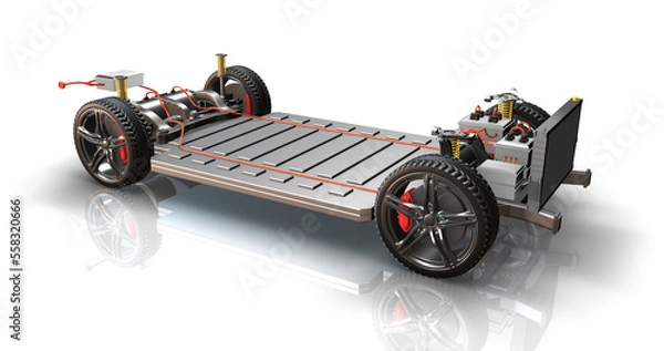 Obraz Modern generic electric vehicle chassis. All parts are visible. Environmental friendly. 3D Illustration Render.