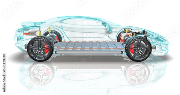 Obraz Environmental friendly electric vehicle moving forward. Battery pack cover is open. Sustainable energy. 3D Illustration Render.