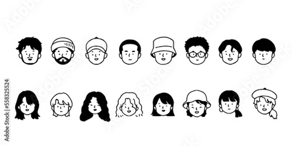 Fototapeta Outline avatars profile set office workers , hand-drawn icon style , flat line vector.
