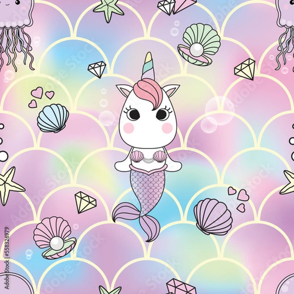 Obraz Cute seamless pattern unicorn mermaid rainbow under the sea decorate with pearl shell.