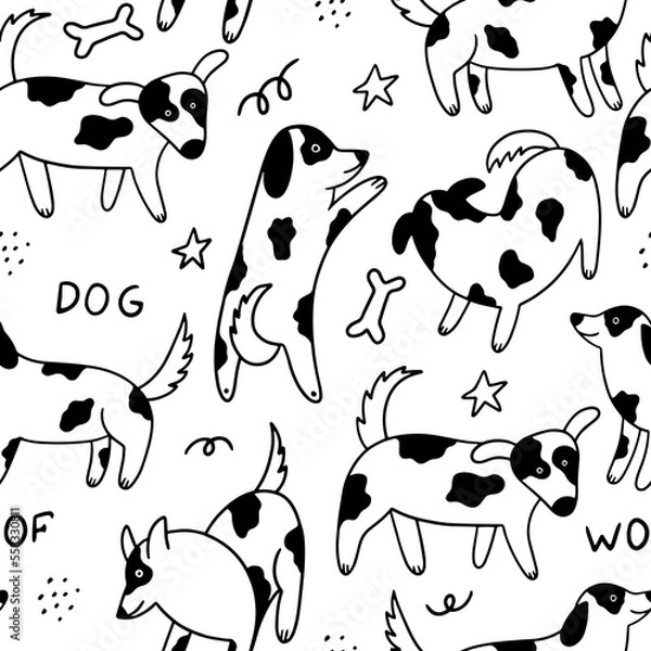 Obraz Scandinavian seamless pattern with doodle dogs. vector background. 