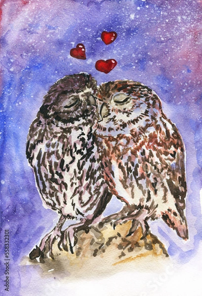 Fototapeta Hand drawn watercolor illustration with owls in love on a stone. Birds on the background of the night sky. Valentine day print for postcards, posters, etc.