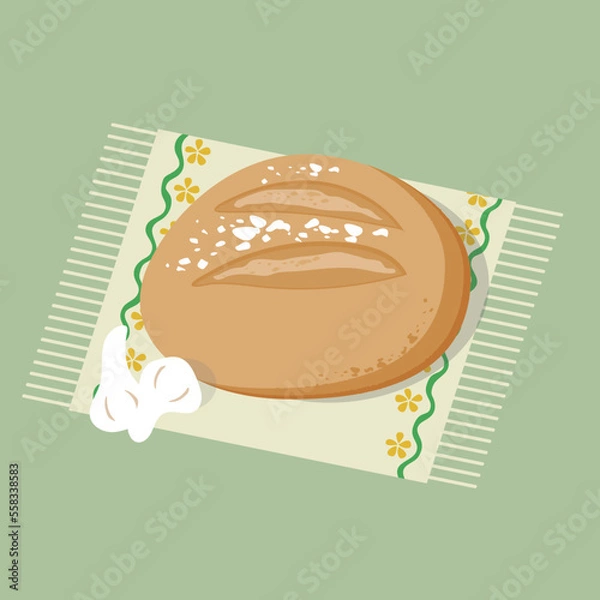 Fototapeta White bread with garlic on the textile napkin. Cartoon vector illustration.