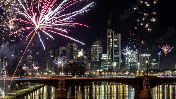 Obraz New years eve with fireworks above the skyline of Frankfurt - Main at night at a cold day in winter with colorful reflections in the water.