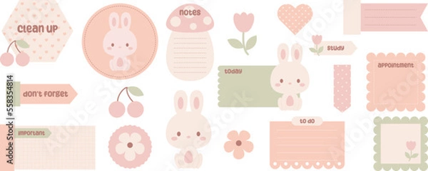 Fototapeta Cute digital note papers and stickers for bullet journaling or planning. Kawaii bunny, flower, cherry. Ready to use digital stickers for digital planner. Vector art.