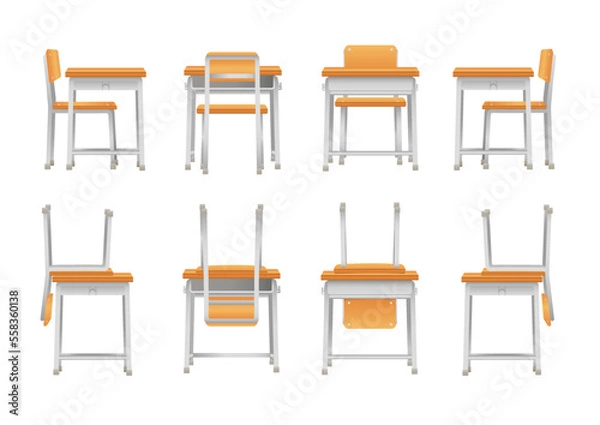 Obraz リアルな学校の机と椅子セット(正面・後ろ・横)