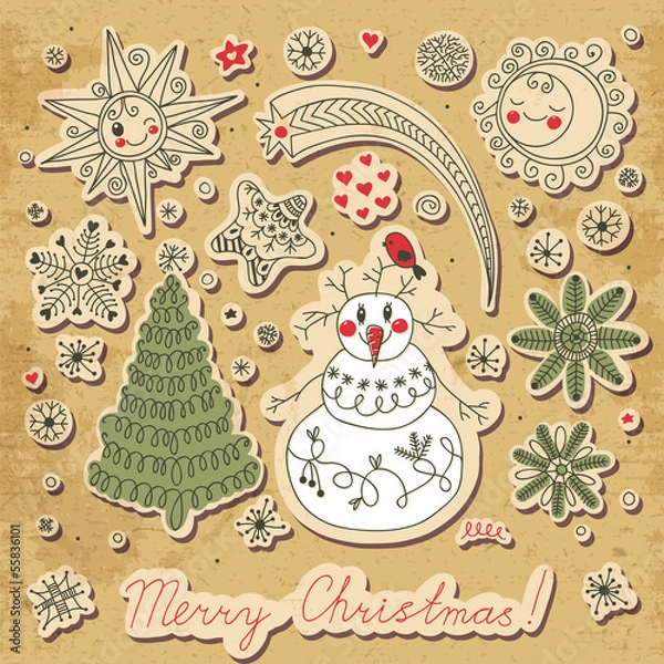 Fototapeta Vintage card with a set of Christmas items. Snowman, Christmas..