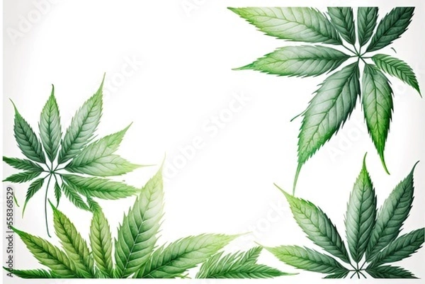 Fototapeta Watercolor decorative frame with blossom green cannabis hemp leaves on white background. Generative ai illustration.