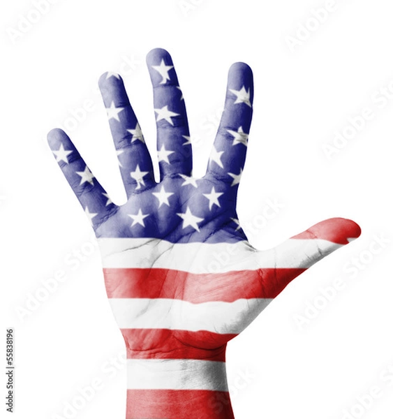 Fototapeta Open hand raised, multi purpose concept, USA flag painted