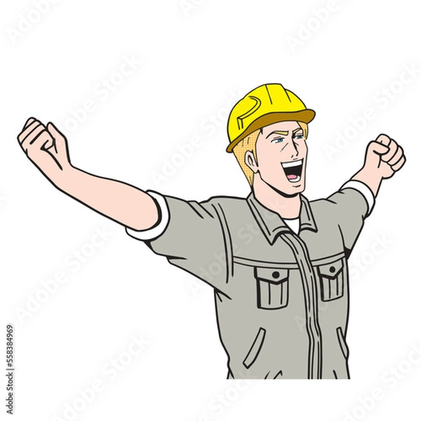 Obraz 伸びをする白人の工事現場員