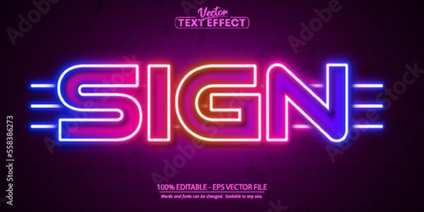 Fototapeta Neon glowing text effect, editable neon light text style isolated on brick wall background
