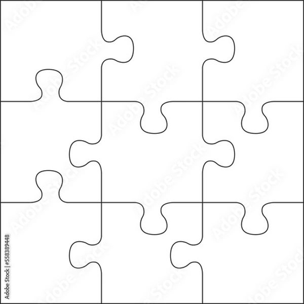 Fototapeta Puzzles grid template. Jigsaw puzzle 9 pieces, thinking game and 3x3 jigsaws detail frame design. Business assemble metaphor or puzzles game challenge vector illustration. EPS 10.