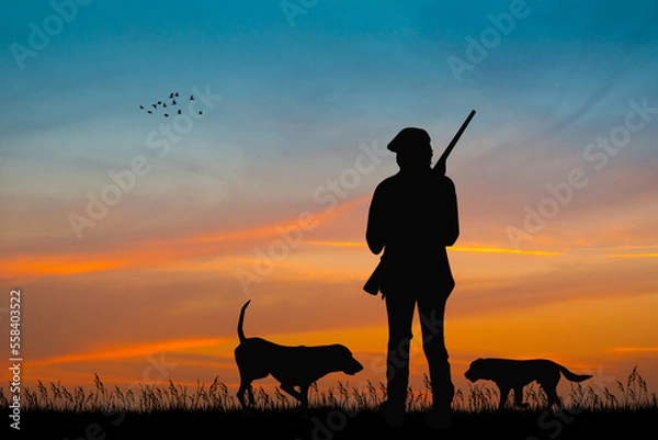 Fototapeta silhouette of hunters at sunset