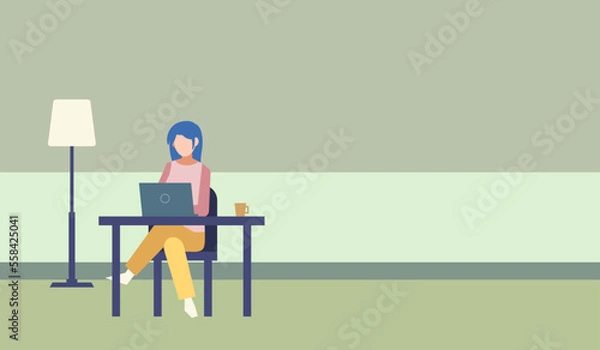 Fototapeta 在宅ワークのイメージ　女性　人物フラットイラスト
