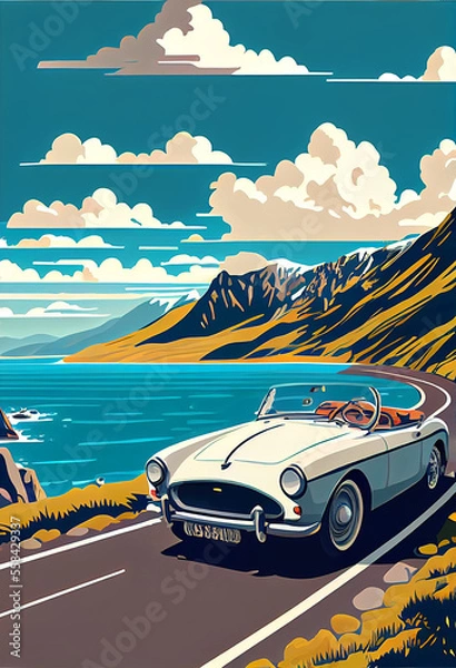 Fototapeta Car driving down the highway on the shoreline