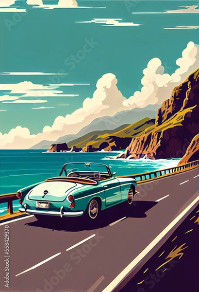 Fototapeta Car driving down the highway on the shoreline