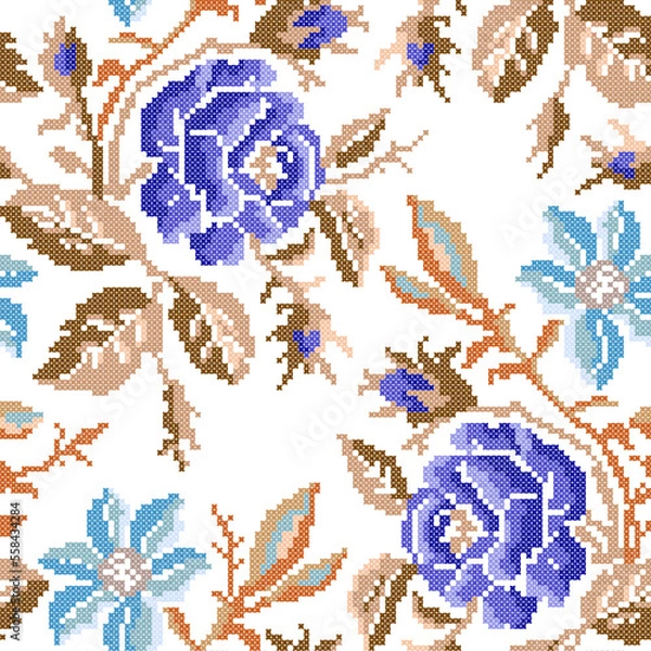 Fototapeta Cross Stitch Roses Seamless Pattern