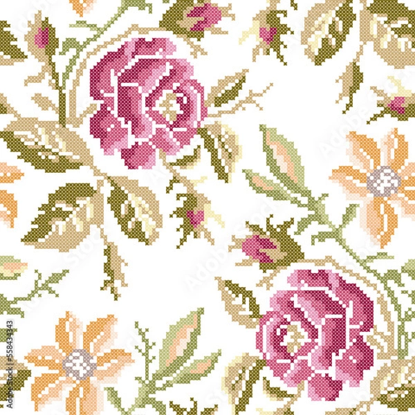 Fototapeta Cross Stitch Roses Seamless Pattern