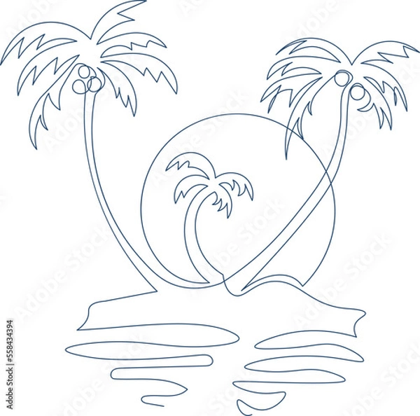 Obraz Outline tropical island with palms and sun single line