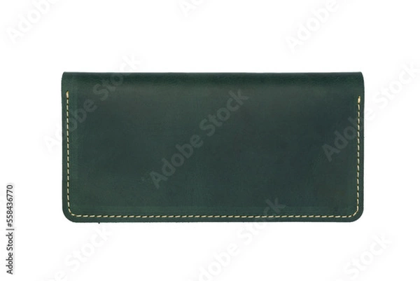 Fototapeta Big green leather wallet on a button on a white background. Top view