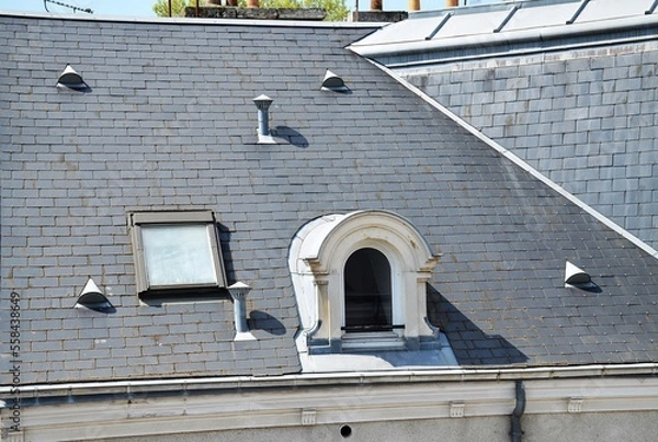 Obraz Slate roof with skylight, vasistas and zinc accessories: half-round cat flap, gutter, ventilation outlet cap, piece of roof.