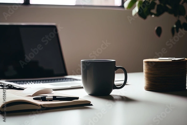 Fototapeta Table at office with laptop, cup, and journal. Generative AI