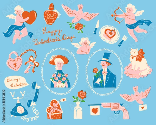 Fototapeta Valentine's Day elements in hand drawn retro style. Set includes cupids, roses, vintage telephone, lady and a gentleman. Cute characters for romantic holiday celebration.
