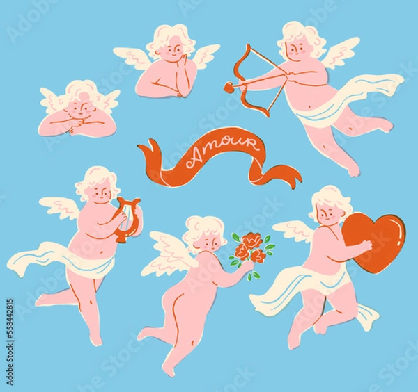 Obraz Vintage cupid set. Cheerful flying angels with a bow and arrow, a harp and flowers. Cute cherubs for the Valentine's Day celebration in trendy retro style.