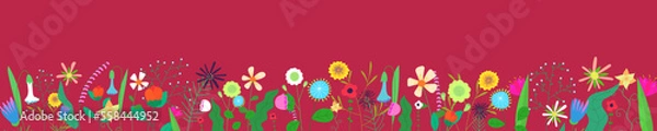 Fototapeta Floral horizontal banner on viva magenta background. Spring wild blooming flowers border. Herbal plants decoration. Delicate summer field and meadow wildflowers. Botanical abstract blooms on bottom