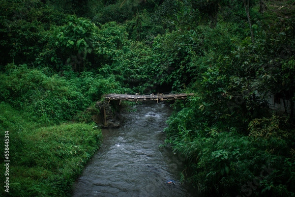 Obraz view of the river with the water flowing fast after the rain fell in the afternoon
