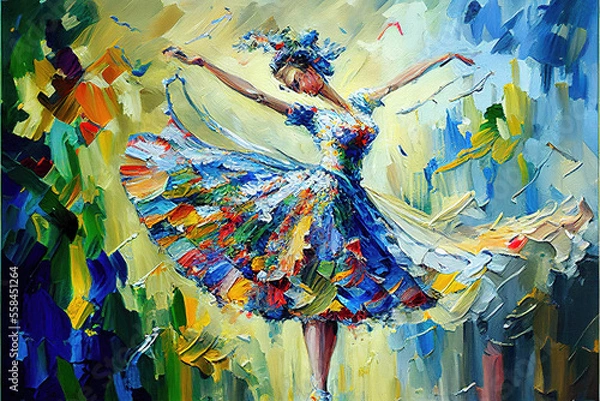 Fototapeta a woman in a big dress dancing with different colors, oil painting style, generative ai technology
