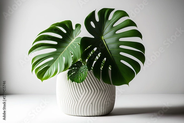 Fototapeta Fresh Monstera deliciosa tree for decoration that has been placed in a white ceramic container, isolated on a white backdrop. Large glossy green leaves on a fresh Swiss cheese plant. Generative AI