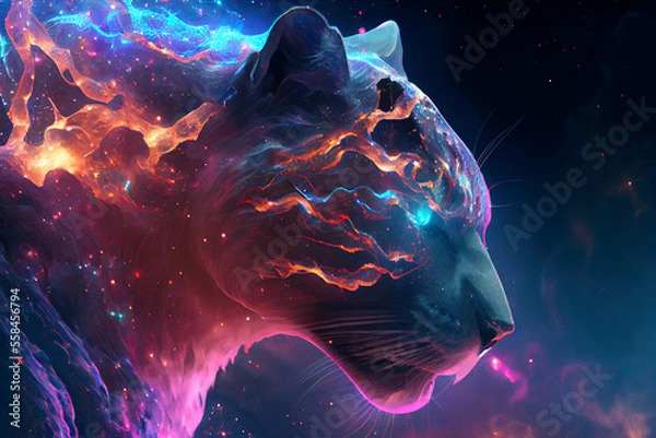 Fototapeta Fantasy panther at universe with the sky full of stars and aurora. Beautiful volumetric lights and atmosphere.  
Digitally generated AI image