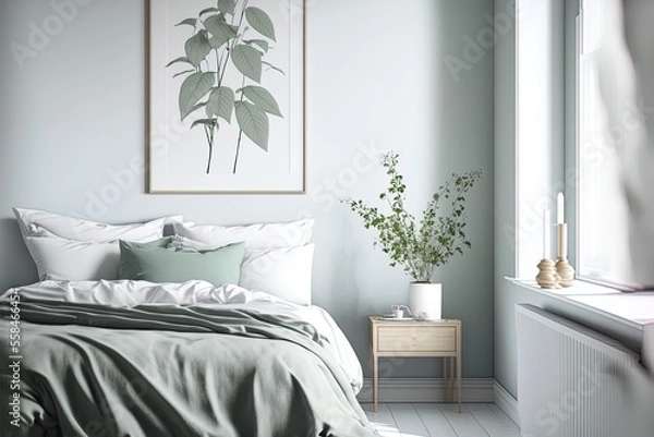 Fototapeta bedroom interior in soft colors. design from Scandinavia. Generative AI