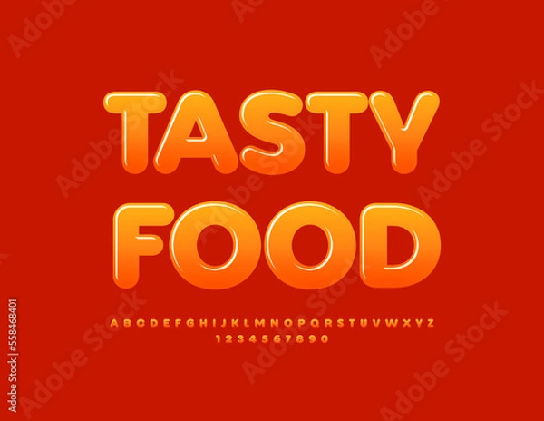 Fototapeta Vector bright emblem Tasty Food. Modern Glossy Font. Creative Alphabet Letters and Numbers set