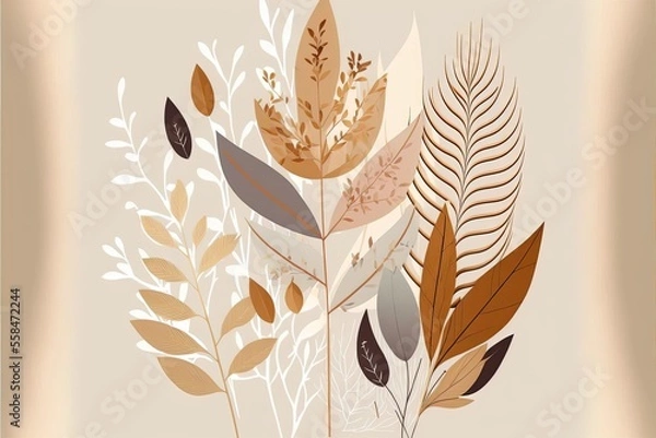 Fototapeta Minimalist abstract flowers leaves, watercolor style in soft neutral colors, leaves on white background, generative ai background floral