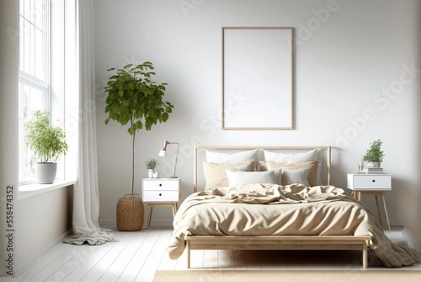 Obraz Scandinavian style bedroom mockup with natural wood furniture and a beige color scheme. Generative AI