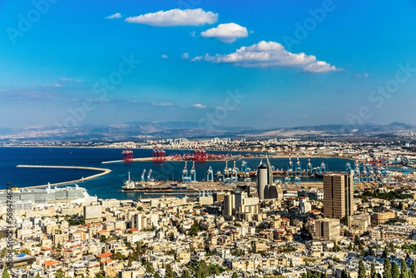 Obraz Panoramic view of the harbor port of Haifa, with downtown Haifa, the harbor, the industrial zone in a sunny winter day. Haifa, Northern Israel