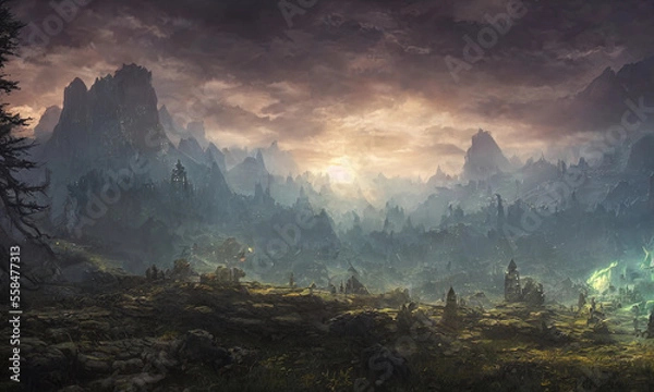 Fototapeta fantasy rocky mountain scenery with cloudy sky