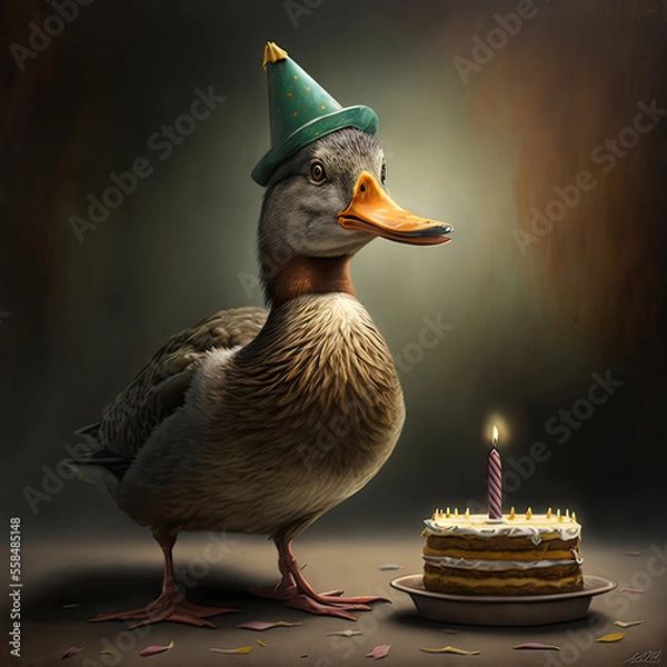 Obraz A duck with birthday hat and a birthday cake, Generative AI