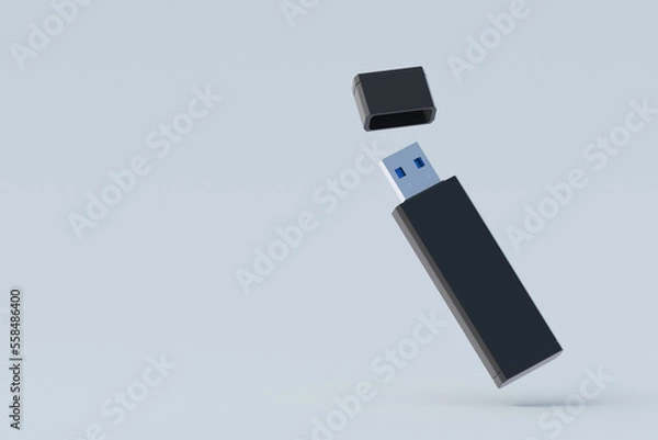 Fototapeta Flying flash drive, usb memory stick with cap. Electronic access key. Data storage. Copy space. 3d render