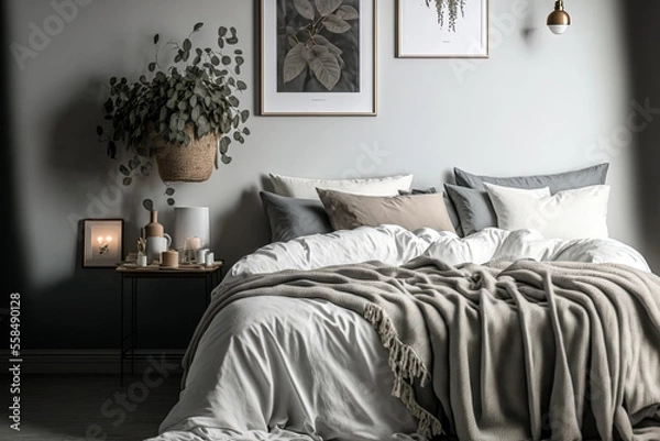Obraz Grey duvet, a cozy bed in a bright bedroom, with white and beige blankets. Generative AI