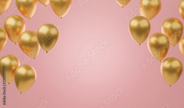 Fototapeta Golden balloons on pink background. Luxury pink and gold background scene. 3d rendering