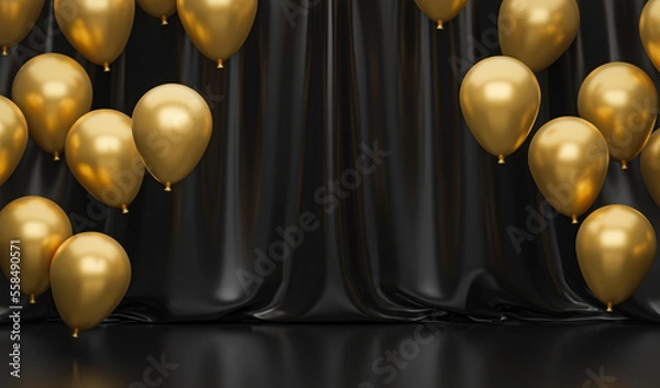 Fototapeta Golden balloons on black background with curtains. Luxury black and gold scene. Floor with reflections. 3d rendering
