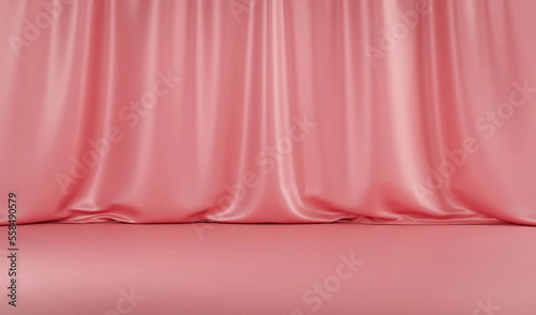 Fototapeta Pink curtain on floor. Luxury minimal scene with curtains and empty space for product. 3d rendering