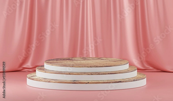 Fototapeta Pink interior with wooden podium and curtains. Minimalistic luxury scene for presentation. 3d rendering