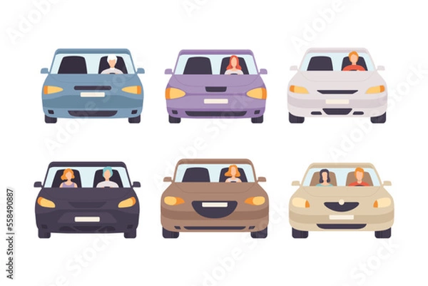 Fototapeta People driving cars set. Front view of drivers and passenger sitting in car flat vector illustration